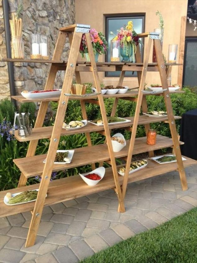 upcycled ladder shelves creative food display for garden decoration 634x846 13 Clever Ways How Reuse The Old Ladder For Garden Decoration