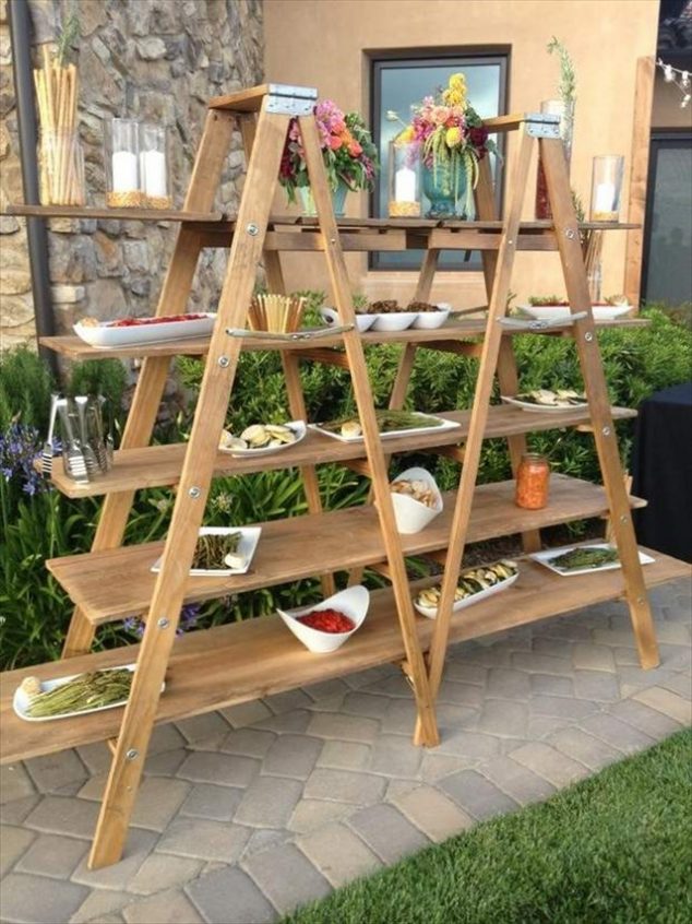 13 Clever Ways How Reuse The Old Ladder For Garden Decoration upcycled ladder shelves creative food display for garden decoration 634x846 13 Clever Ways How Reuse The Old Ladder For Garden Decoration
