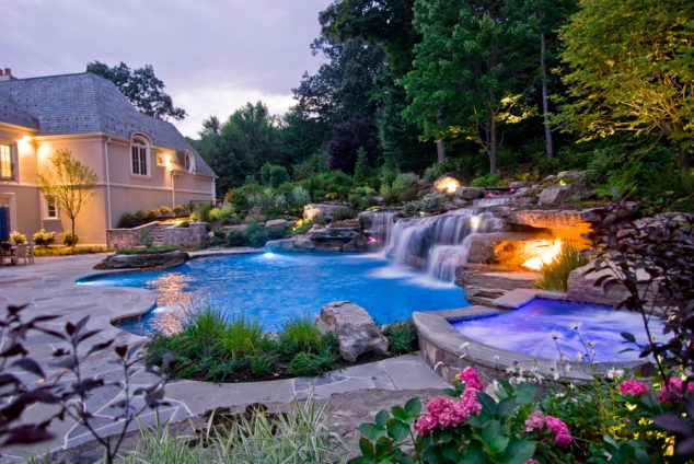 waterfall inground custom swimming pool design 634x424 16 Garden And Backyard Swimming Pool Stepping Ideas that You Dream For