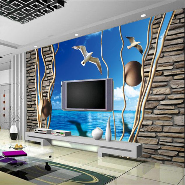 3D Personnaliseacute Photo Murale Papier Peint Bleu Ciel Et Mer Vol D oiseau Vintage Brique Papier 634x634 16 Creative 3D Living Room Wallpaper Ideas That You Should Check