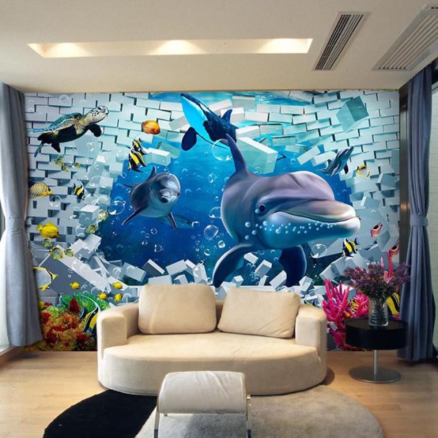 3D stereoscopic underwater world dolphin font b wallpaper b font the living room TV backdrop self 634x634 16 Creative 3D Living Room Wallpaper Ideas That You Should Check