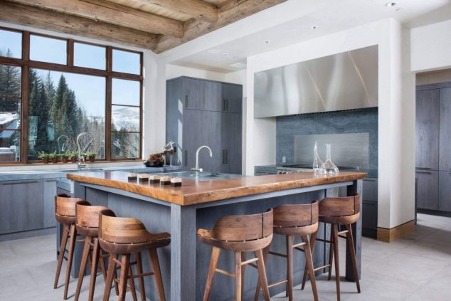17 Kitchen Islands With Seating Options That are Must Have For This Year Vail Ski Haus wood Chairs kitchen island 634x423 17 Kitchen Islands With Seating Options That are Must Have For This Year