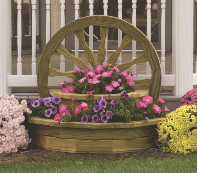 buy large wooden planters 634x556 10 DIY Ideas How To Use Wagon Wheel In Garden Decor
