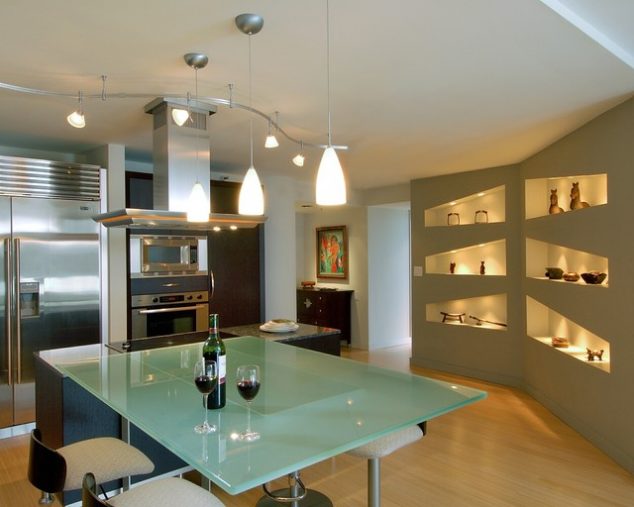 16 Simple Ideas For Wall Decoration In The Small Kitchen contemporary kitchen stainless steel appliances wall niches designs track lighting pendants art breakfast bar collection 634x507 16 Simple Ideas For Wall Decoration In The Small Kitchen