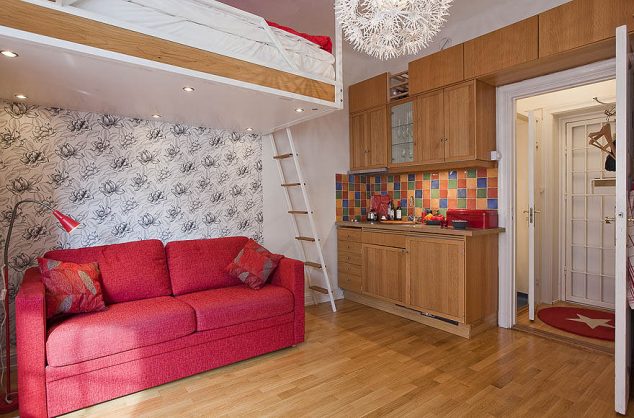Make Space In Your Home:13 Space Saving Tricks For Small Apartments hanging bed mini kitchenette studio apartment interior2 634x418 Make Space In Your Home:13 Space Saving Tricks For Small Apartments