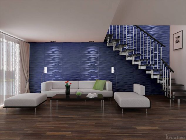 living room under stairs with blue wall 3d wallpaper 634x476 16 Creative 3D Living Room Wallpaper Ideas That You Should Check