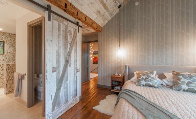 Bedroom sliding barn door and birch tree wallpaper 634x384 15 Ideas How To Choose The Most Suitable Door For Your Bathroom