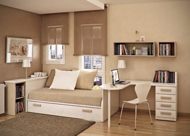 20 Ideas How to Design Small Bedroom That Abound Elegance Brown Beige Nursery Bedroom with Study Table 634x453 20 Ideas How to Design Small Bedroom That Abound Elegance