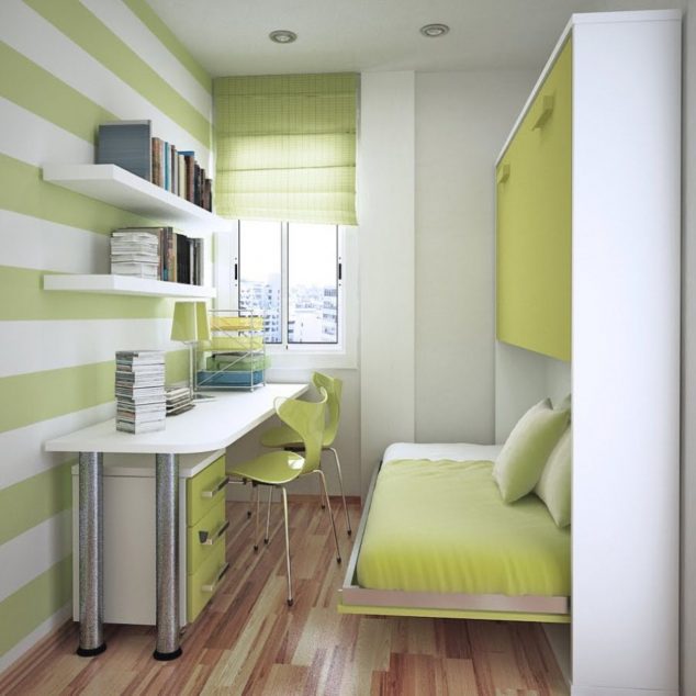 20 Ideas How to Design Small Bedroom That Abound Elegance Small Wall Bed With Cabinet Unit And Modern Desk For Two Plus Floating Bookshelf In Small Bedroom Design Idea 634x634 20 Ideas How to Design Small Bedroom That Abound Elegance