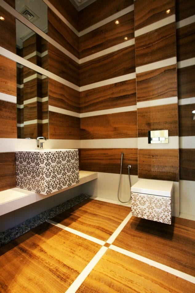 Washbasin with artistic pattern Large mirror Laminate wall Laminate floor Hidden box water closet 634x951 15 Vivid Ways to Decor the Interior Walls With Wooden Art Design