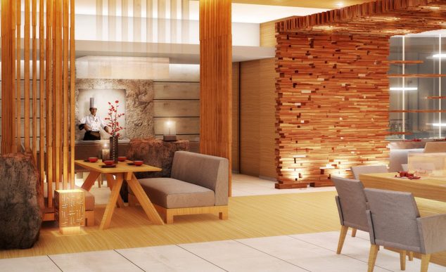 Wood decoration in restaurant hall 634x387 15 Vivid Ways to Decor the Interior Walls With Wooden Art Design