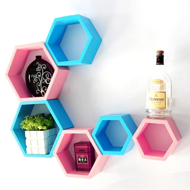 15 Ways to Mesmerize the Walls In The House With Amazing Wall Rack Ideas decornation hexagon shape wall shelf set of 6 sky blue pink 634x634 15 Ways to Mesmerize the Walls In The House With Amazing Wall Rack Ideas