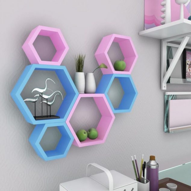 dnwsbhps101c. wall shelf set of 6 hexagon shape storage wall shelves by decornation red white 634x634 15 Ways to Mesmerize the Walls In The House With Amazing Wall Rack Ideas