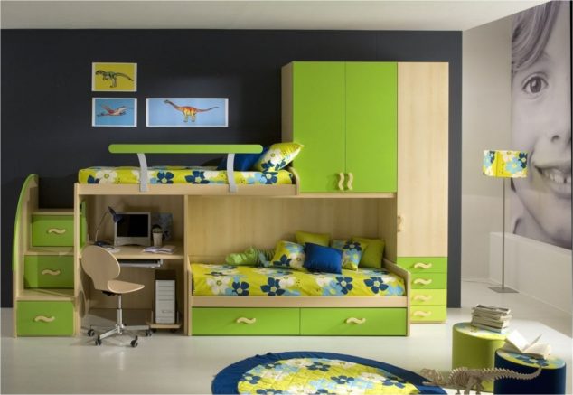 kids room black wall paint color wardrobe computer desk underneath decor white concrete floor light brown plastic swivel chair green painted wooden bunk bed for small space stair storage 634x437 16 of The Best Kids Rooms That You Need to See Today