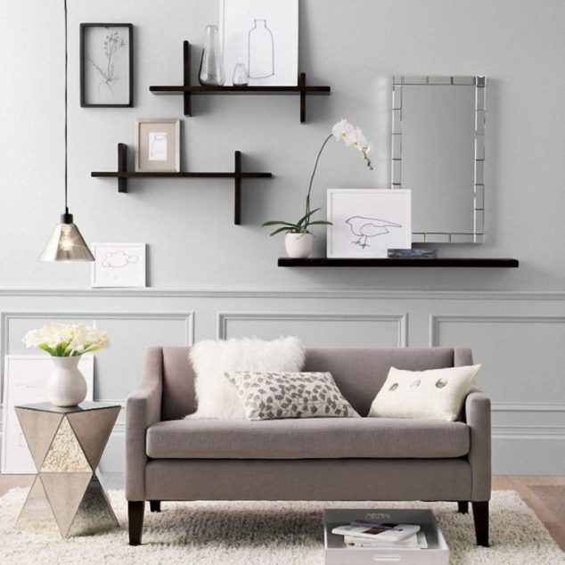 mirrored side table design feats wingback bench sofa idea plus creative wall decoration with shallow shelves 634x634 16 Functional and Stylish Shelves Design That Will Grab Your Attention