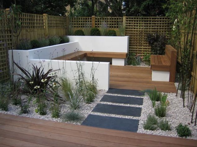 15 So Beautiful Garden Pathway For Every Contemporary Garden modern garden design with wooden pattern floor and black pathway ideas 634x474 15 So Beautiful Garden Pathway For Every Contemporary Garden