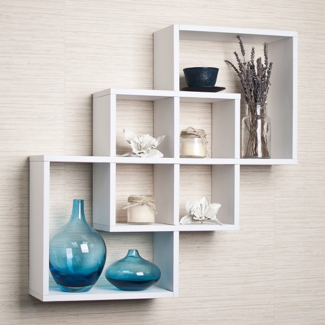 syllogistic astonishing three white finish wooden floating shelf cream wall paint theme living room decor with modern shelves decorating ideas plus shelving 634x634 15 Ways to Mesmerize the Walls In The House With Amazing Wall Rack Ideas