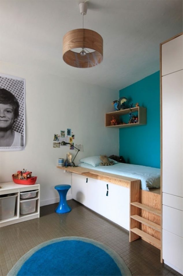 13 Useful DIY Ideas on How to Build Platform Bed unique drum brown pendant lamp with cool platform bed plus blue bedding set also decorative bed side table 634x952 13 Useful DIY Ideas on How to Build Platform Bed