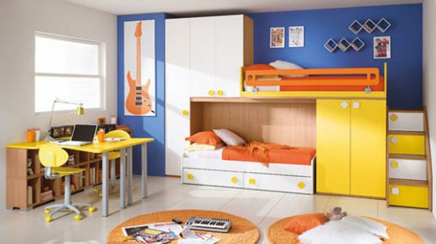 Contemporary Kids Bedroom with Blue Wall Paint Color and Space Saving Bunk Bed with White and Yellow Closet and Orange Mattress and Rug and Comfortable Study Space 1024x573 634x355 12 Awesome Kids Storage Bed That Will Make an Impression