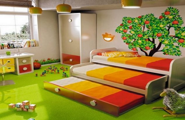Fancy Boys Room Ideas with Bunk Beds and Interesting Study Desk on Green Carpet Flooring 634x410 12 Awesome Kids Storage Bed That Will Make an Impression