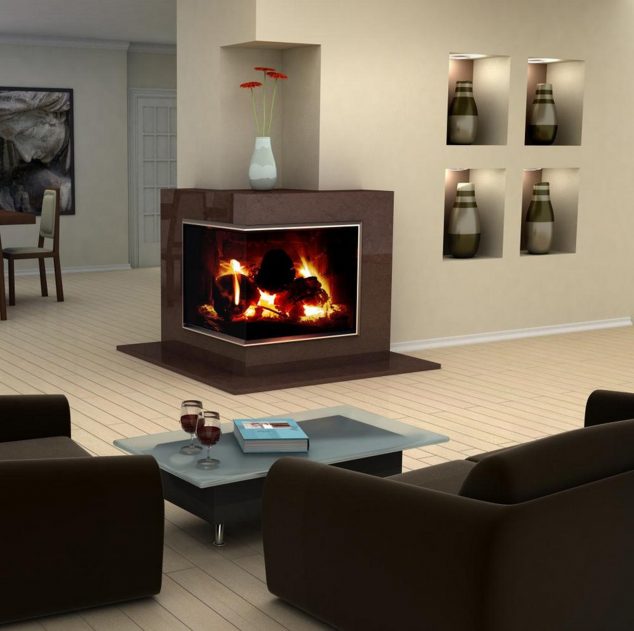 14 Mind boggling Corner Wall Designs Fashionable Fireplace Design Idea With Brown Fireplace Wall And White Vase With Red Flowers Elegant Fireplace Design Ideas 634x631 14 Mind boggling Corner Wall Designs