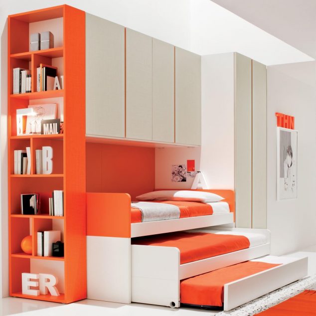Orange Kids Beds with Storage and Bookshelves in Fascinating Bedroom using White Flooring 634x634 12 Awesome Kids Storage Bed That Will Make an Impression