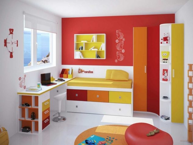 bedroom kids bedroom with hanging study desk and clothes storage cabinet combined frame storage bed tremendous cool bedroom ideas for small rooms 634x476 12 Awesome Kids Storage Bed That Will Make an Impression