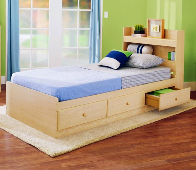 fashionable green kids bedroom design show casing light brown unfinished cherry wood bed frame with storage bookshelf on headboard as well as cool three storage drawers 634x550 15 Desperately Needed Multi functional Bed With Storage For Your Bedroom