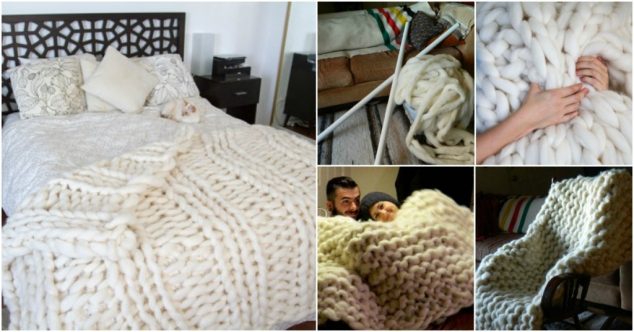 Creative DIY Knitted Giant Blanket of Wool For Cold Days giant wool blanket using PVC pipe wonderfuldiy 634x332 Creative DIY Knitted Giant Blanket of Wool For Cold Days