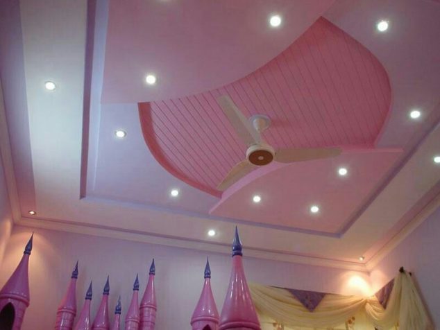 modern false ceiling design in pink color 634x476 13 Pink Gypsum Board Design for Girl Kids Room That Looks Impressive