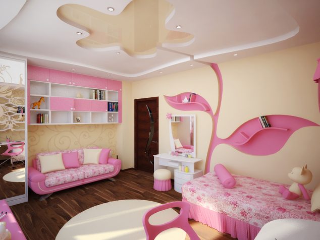 praktichnyie polki v vide rozovogo dereva dlya devochki E28094 kopija 634x476 13 Pink Gypsum Board Design for Girl Kids Room That Looks Impressive