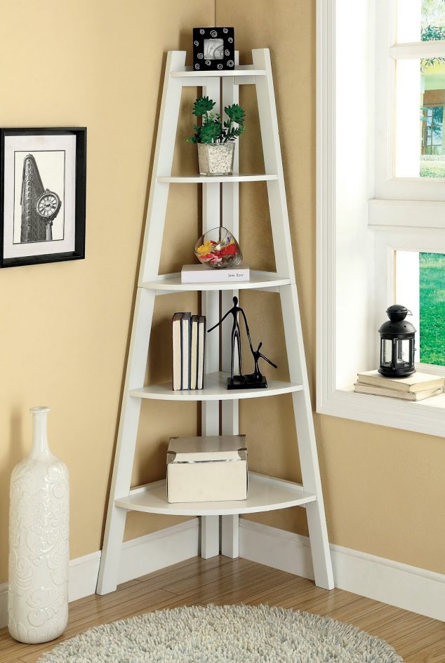 14 Mind boggling Corner Wall Designs smart2Btriangle2Bwhite2Bcorner2Bwall2Bshelf2Bdesign2Bmixed2Bwith2Bround2Bwhite2Brug2Bon2Blaminate2Bfloor2Balso2Bsalmon2Bwall2Bidea 634x945 14 Mind boggling Corner Wall Designs