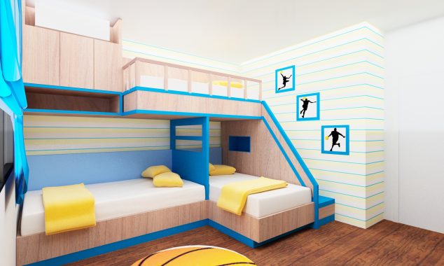 spectacular kids room design with triple bunk beds be equipped ladder on the right side also best wooden flooring and simple wall art decor 634x380 12 Awesome Kids Storage Bed That Will Make an Impression