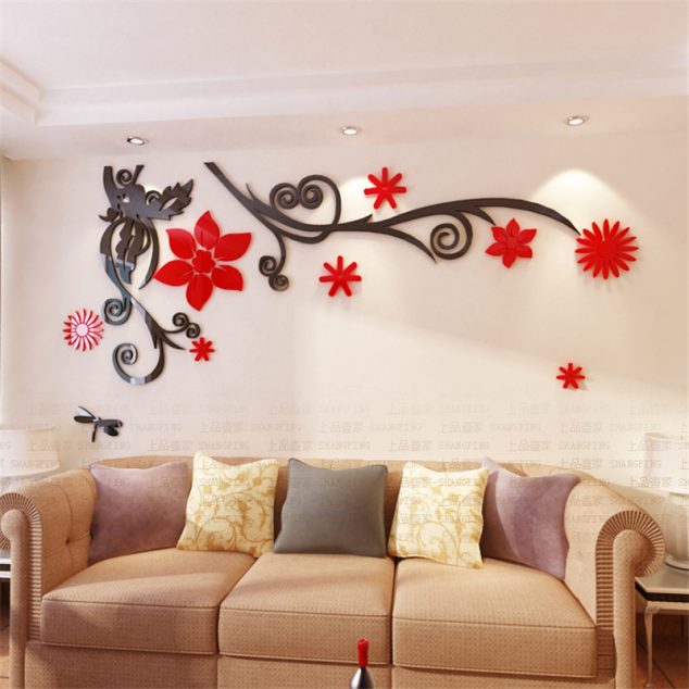 3D stereo Flower vine Acrylic Crystal Wall stickers Home Decor Diy Mirror Wall sticker Tree Living 634x634 15 Fancy 3D Wall Stickers to Ruin Your Heart