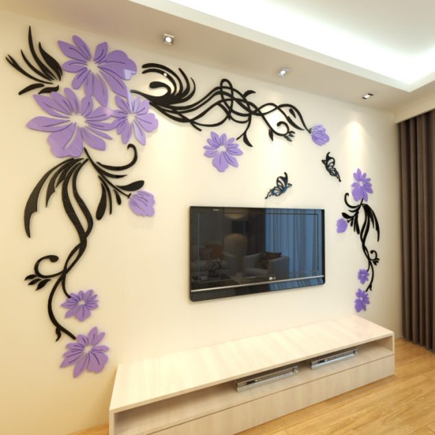 Crystal three dimensional wall stickers Living room tv wall acrylic 3d sofa background flower vine butterfly 634x634 15 Fancy 3D Wall Stickers to Ruin Your Heart