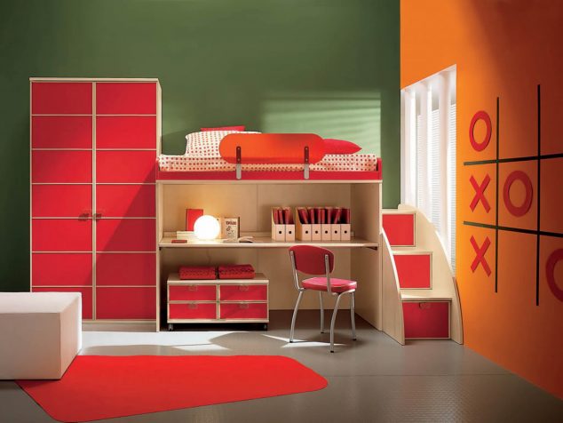 Fashionable Colour Scheme Bedroom Idea With Green Orange Wall Red Wardrobe And Gray Floor Tile Astonishing Colour Scheme Bedroom Ideas 634x476 15 Multi Functional Kids Bed With Desk to Inspire Your Next Level