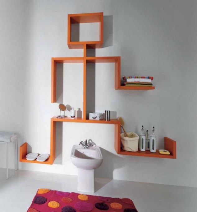 amazing orange modern wall shelves design ideas white exciting human doll design for trendy white bathroom decoration 909x976 634x681 15 Marvelous Wall Racks Ideas for Living Room Will Fascinate You