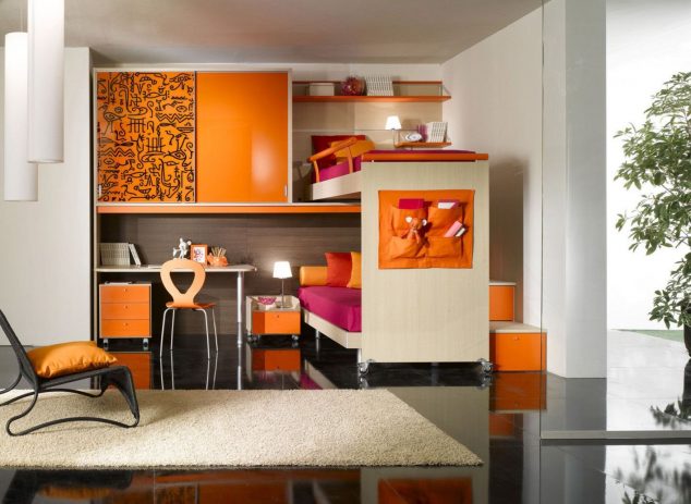 how to decorate your bedroom orange theme 634x463 15 Multi Functional Kids Bed With Desk to Inspire Your Next Level