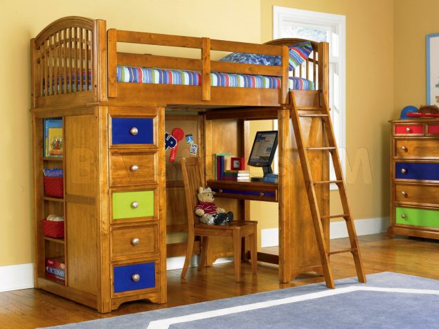 pretty design bunk bed desk combo ideas light brown wooden mounted computer underneath tiered drawers armless chair storage witching wheeled white rectangle shape stairs sliding keyboard 634x476 15 Multi Functional Kids Bed With Desk to Inspire Your Next Level