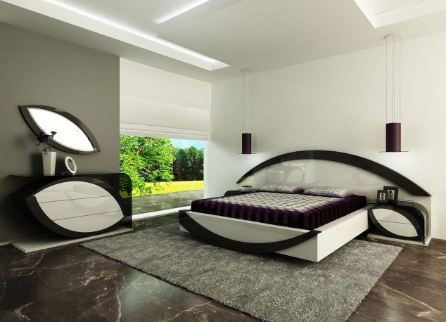 unique design of exclusive black and white gloss bedroom furniture with curved headboard placed on grey rug also cool dresser by oval leaf style wall mirror 634x458 15 Dazzling Modern Bedroom Furniture Set to Blow you Away