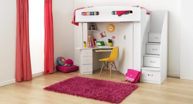 15 Multi Functional Kids Bed With Desk to Inspire Your Next Level white bunk with stairs and desk unit deep pink bedroom rug idea pink window curtain 634x343 15 Multi Functional Kids Bed With Desk to Inspire Your Next Level