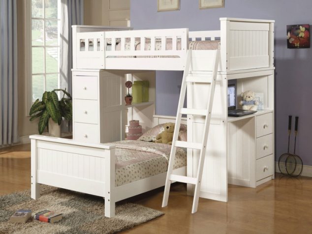 15 Multi Functional Kids Bed With Desk to Inspire Your Next Level white striped pattern twin loft bunk bed with ladder and single side desk built in dresser and small rack shelves as well as also bunk beds with desk underneath 744x558 634x476 15 Multi Functional Kids Bed With Desk to Inspire Your Next Level