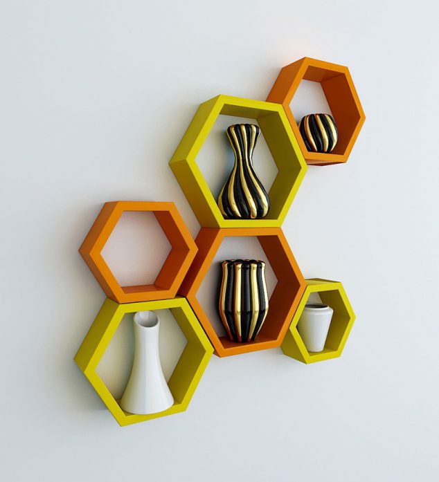 17 Awesome Wall Mounted Shelves That are Synonyms For BEAUTY 1469120668decornation set of 6 hexagon shape storage wall shelves orange yellow decornation set of 6 hexag kjyp4s 634x697 17 Awesome Wall Mounted Shelves That are Synonyms For BEAUTY