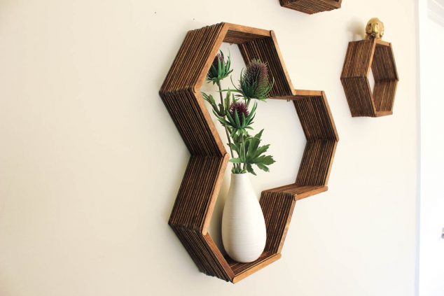DIY Honeycomb Shelves Popsicle Sticks 4 634x423 17 Awesome Wall Mounted Shelves That are Synonyms For BEAUTY
