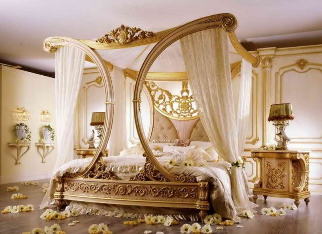 Extremely Romantic Artistic Jennifer Lopez Bed rooms ideas modern furniture design interior room White Canopy White Quilt Beautiful Flowers and Artistic Drawers 634x460 15 Luxury Golden Furniture Ideas To Make Your Day