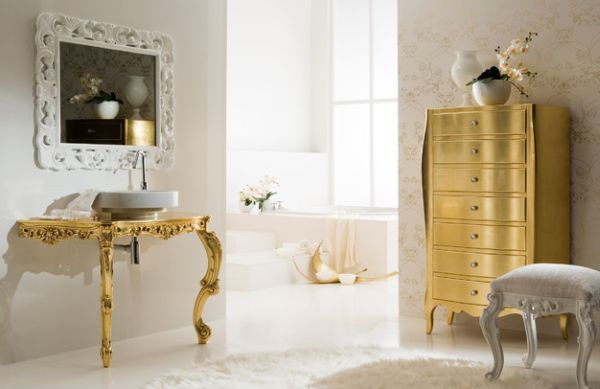 15 Luxury Golden Furniture Ideas To Make Your Day Glam table and chest of drawers in golden color 15 Luxury Golden Furniture Ideas To Make Your Day