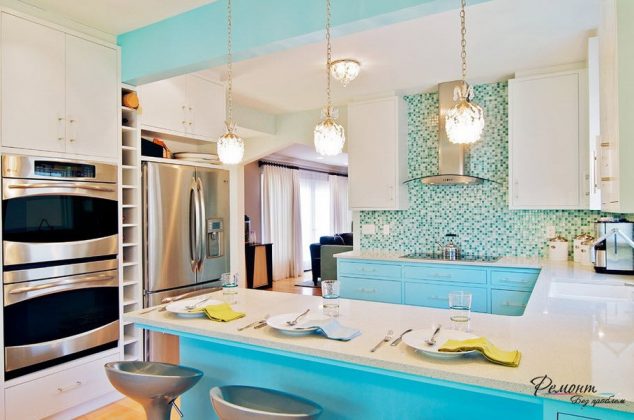 15 Elegant Minimalist Kitchen Design That Are Too Good to be Real Light blue and white colors combination with enchanting bright hanging lamps decoration in a modern kitchen design 634x420 15 Elegant Minimalist Kitchen Design That Are Too Good to be Real