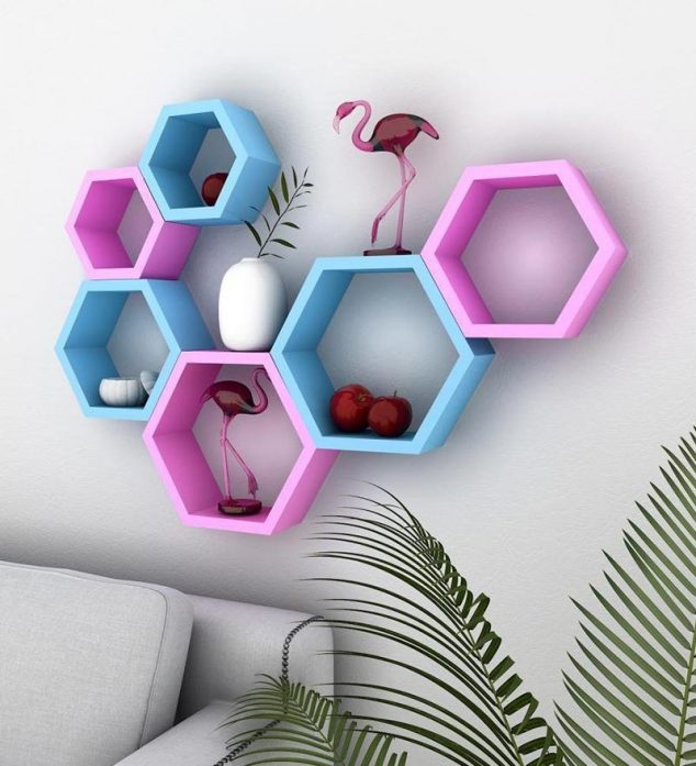17 Awesome Wall Mounted Shelves That are Synonyms For BEAUTY decornation wall shelf rack beehive shape pink sky blue decornation wall shelf rack beehive shape pi ugl1sq 634x697 17 Awesome Wall Mounted Shelves That are Synonyms For BEAUTY