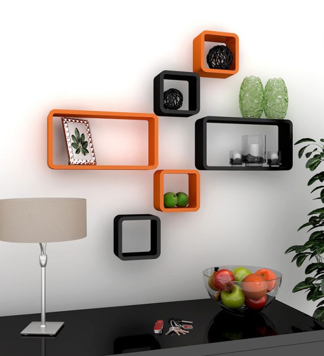 decornation wall shelf rack set of 6 cube rectangle orange black decornation wall shelf rack set of pl11nh 634x697 16 Exquisite Cube Floating Wall Shelves to Make You Say WOW
