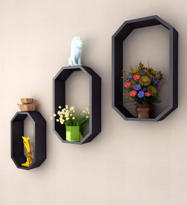 home sparkle black octagon wall shelves home sparkle black octagon wall shelves 2i8udn 634x697 17 Awesome Wall Mounted Shelves That are Synonyms For BEAUTY